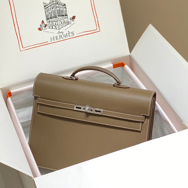 KELLY DEPECHES 38 BRIEFCASE IN ETOUPE TOGO CALFSKIN SILVER HARDWARE