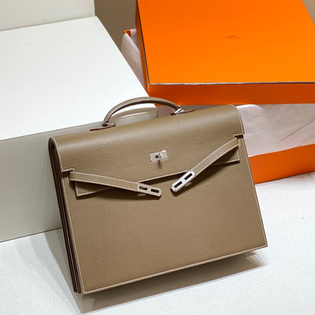 KELLY DEPECHES 38 BRIEFCASE IN ETOUPE TOGO CALFSKIN SILVER HARDWARE