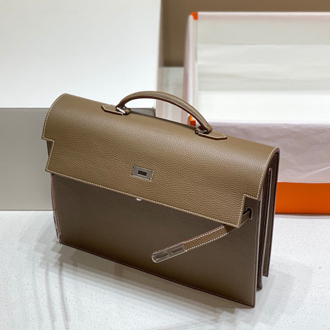 KELLY DEPECHES 38 BRIEFCASE IN ETOUPE TOGO CALFSKIN SILVER HARDWARE