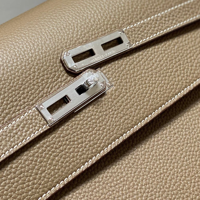 KELLY DEPECHES 34 BRIEFCASE IN ETOUPE TOGO CALFSKIN SILVER HARDWARE