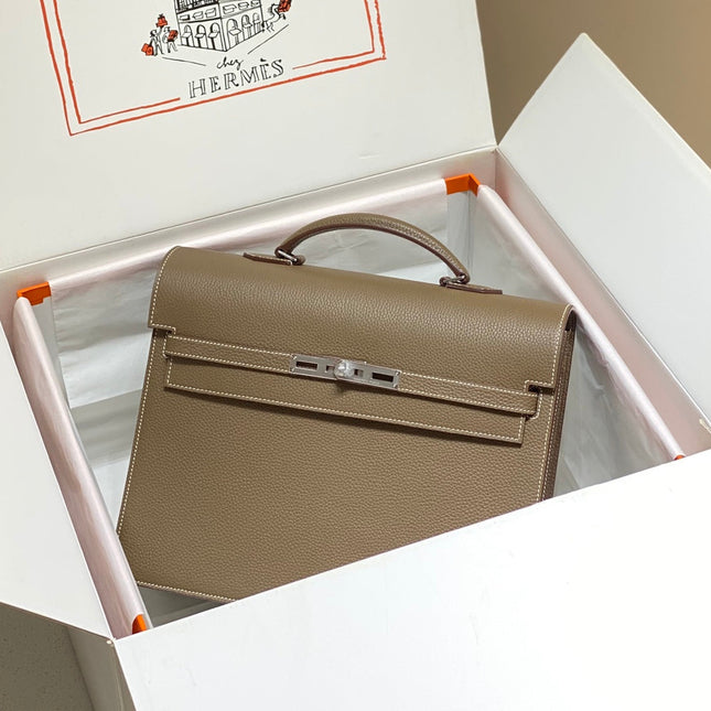 KELLY DEPECHES 34 BRIEFCASE IN ETOUPE TOGO CALFSKIN SILVER HARDWARE