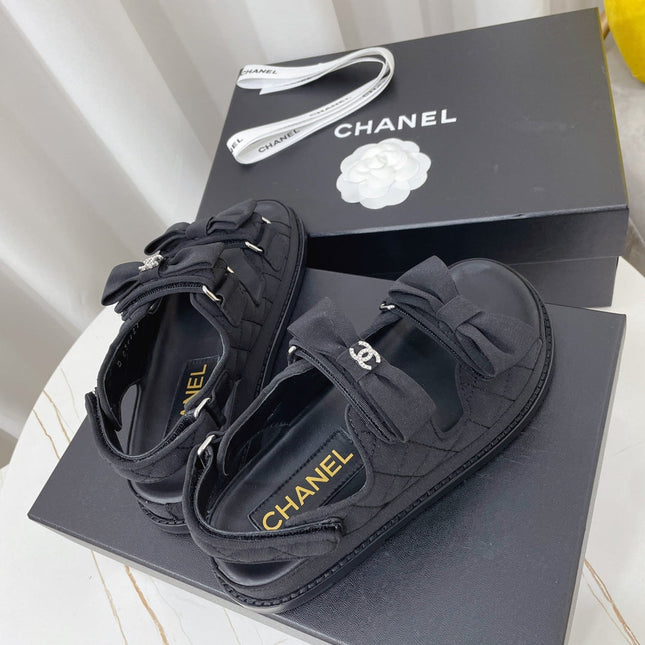 CHANEL 26S SANDALS IN BLACK FABRIC BOW EMBELLISHMENT