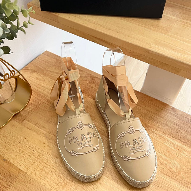 PRADA 26S LACE UP ESPADRILLE FLATS IN BEIGE CALFSKIN