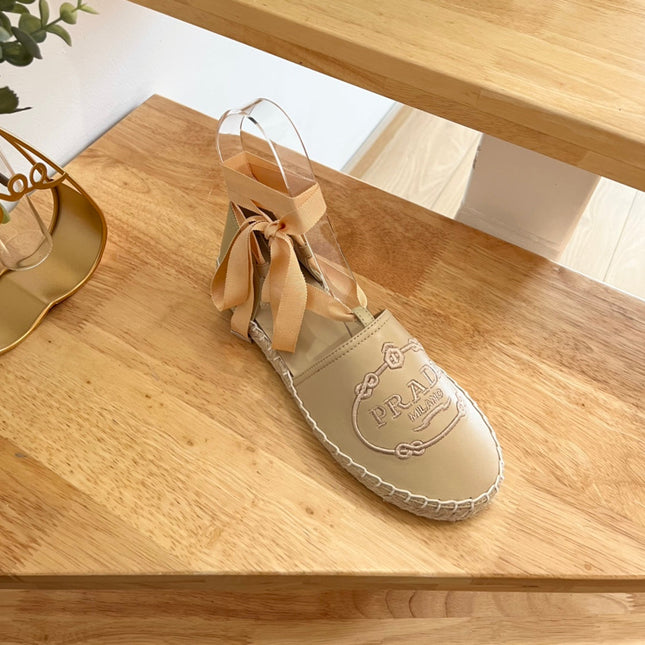 PRADA 26S LACE UP ESPADRILLE FLATS IN BEIGE CALFSKIN