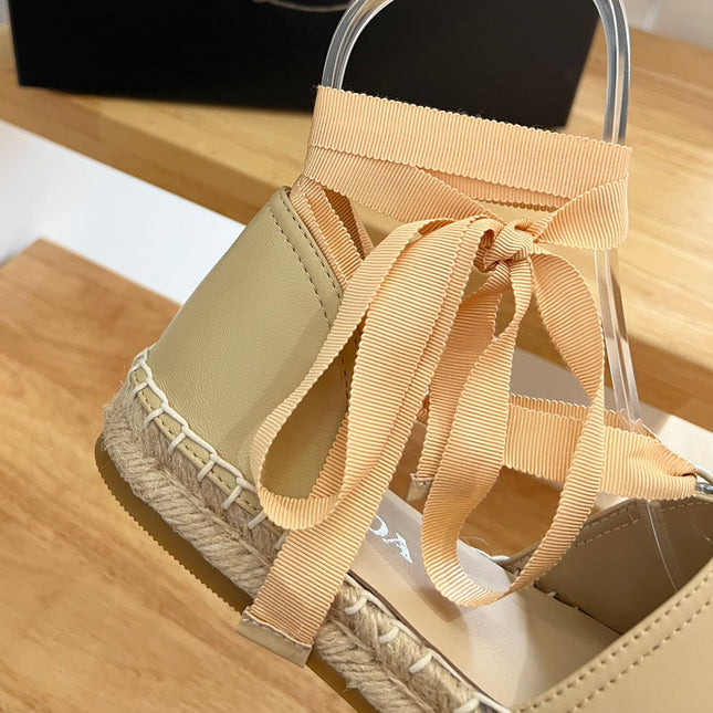 PRADA 26S LACE UP ESPADRILLE FLATS IN BEIGE CALFSKIN