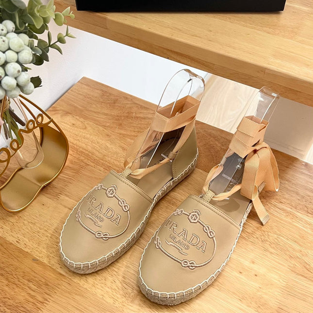 PRADA 26S LACE UP ESPADRILLE FLATS IN BEIGE CALFSKIN