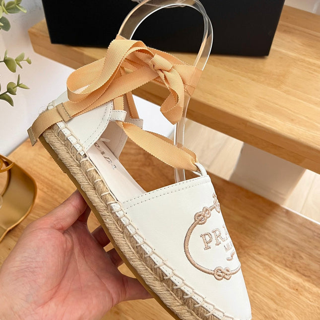 PRADA 26S LACE UP ESPADRILLE FLATS IN CREAM WHITE CALFSKIN