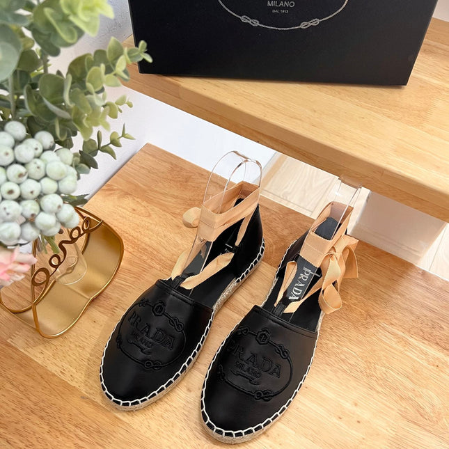 PRADA 26S LACE UP ESPADRILLE FLATS IN BLACK CALFSKIN