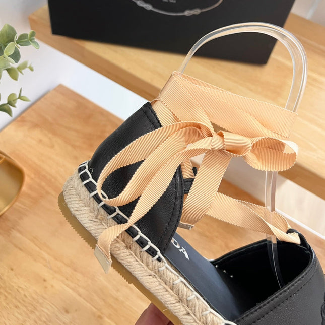 PRADA 26S LACE UP ESPADRILLE FLATS IN BLACK CALFSKIN