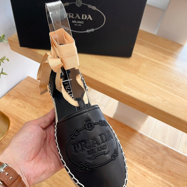 PRADA 26S LACE UP ESPADRILLE FLATS IN BLACK CALFSKIN