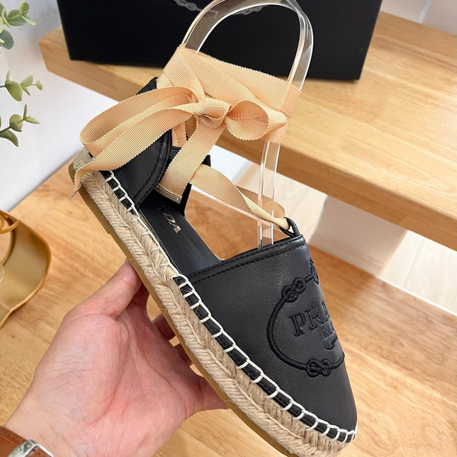 PRADA 26S LACE UP ESPADRILLE FLATS IN BLACK CALFSKIN