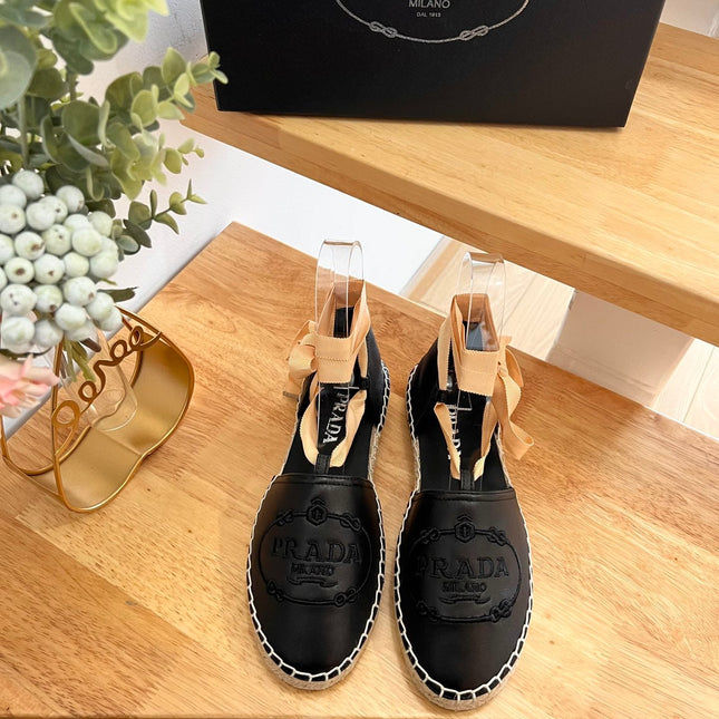 PRADA 26S LACE UP ESPADRILLE FLATS IN BLACK CALFSKIN