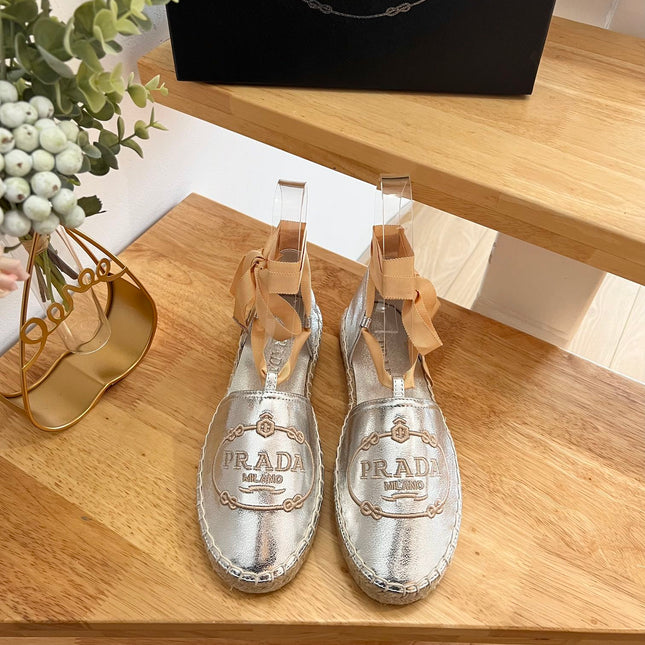 PRADA 26S LACE UP ESPADRILLE FLATS IN SILVER CALFSKIN