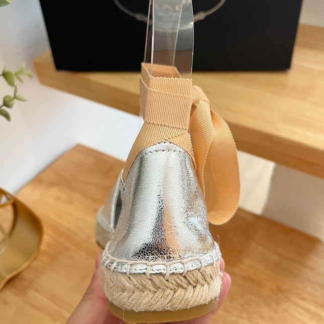 PRADA 26S LACE UP ESPADRILLE FLATS IN SILVER CALFSKIN