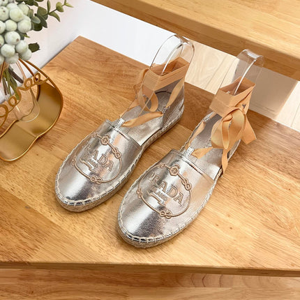 PRADA 26S LACE UP ESPADRILLE FLATS IN SILVER CALFSKIN