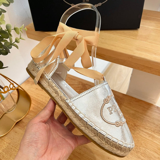 PRADA 26S LACE UP ESPADRILLE FLATS IN SILVER CALFSKIN