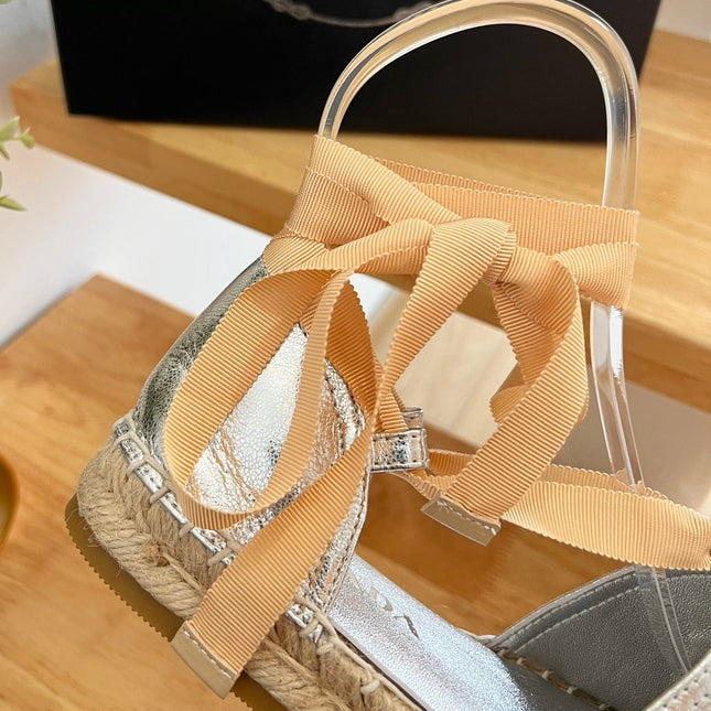 PRADA 26S LACE UP ESPADRILLE FLATS IN SILVER CALFSKIN