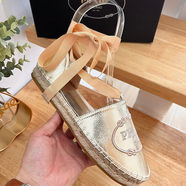 PRADA 26S LACE UP ESPADRILLE FLATS IN GOLD CALFSKIN