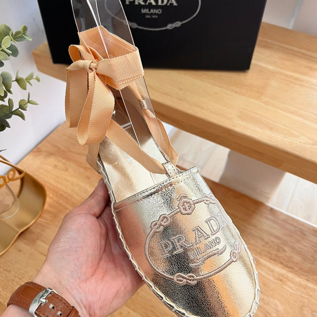 PRADA 26S LACE UP ESPADRILLE FLATS IN GOLD CALFSKIN