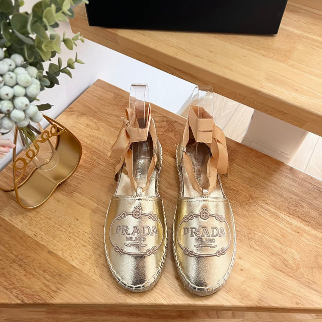 PRADA 26S LACE UP ESPADRILLE FLATS IN GOLD CALFSKIN