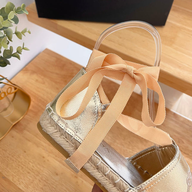 PRADA 26S LACE UP ESPADRILLE FLATS IN GOLD CALFSKIN