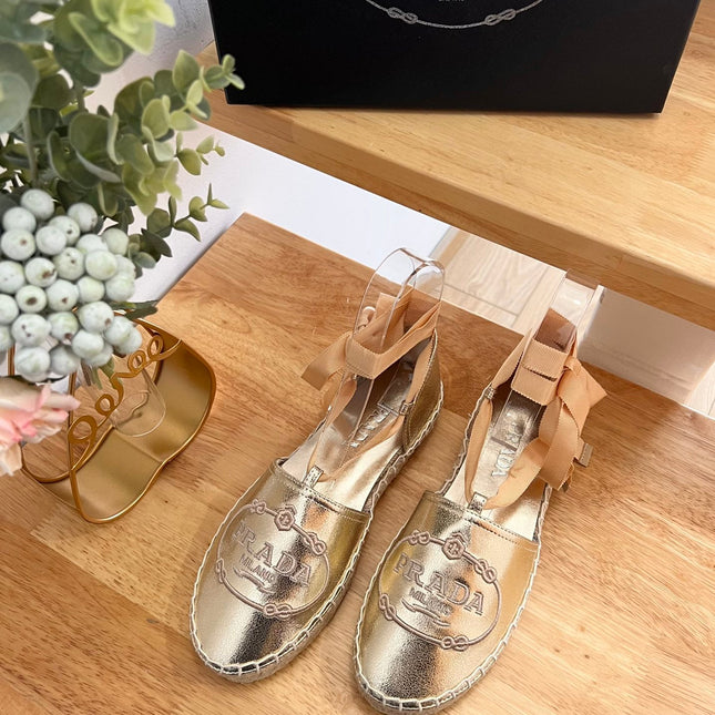 PRADA 26S LACE UP ESPADRILLE FLATS IN GOLD CALFSKIN