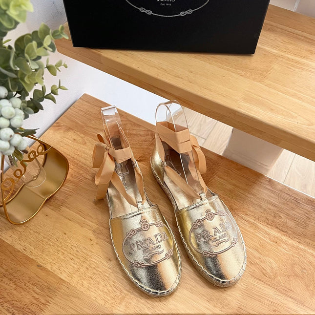 PRADA 26S LACE UP ESPADRILLE FLATS IN GOLD CALFSKIN
