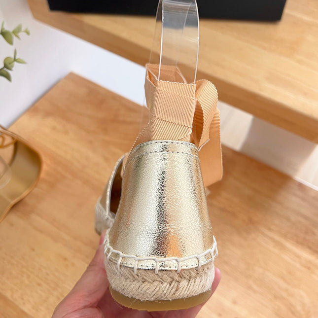 PRADA 26S LACE UP ESPADRILLE FLATS IN GOLD CALFSKIN