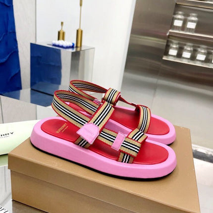 BURBERRY 26S STRAP FLAT SANDALS IN PINK AND RED CALFSKIN AND FABRIC