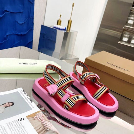 BURBERRY 26S STRAP FLAT SANDALS IN PINK AND RED CALFSKIN AND FABRIC