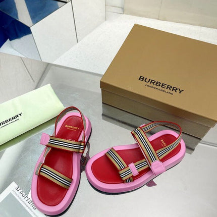BURBERRY 26S STRAP FLAT SANDALS IN PINK AND RED CALFSKIN AND FABRIC