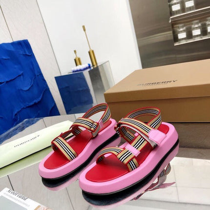 BURBERRY 26S STRAP FLAT SANDALS IN PINK AND RED CALFSKIN AND FABRIC