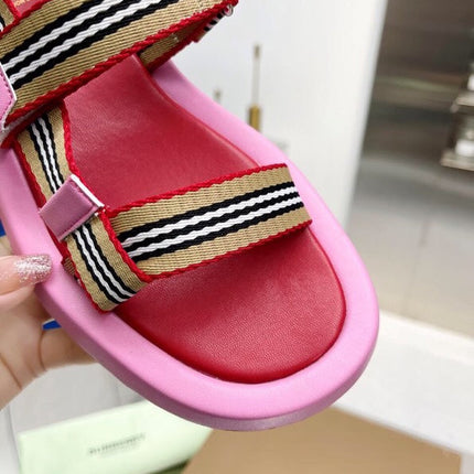 BURBERRY 26S STRAP FLAT SANDALS IN PINK AND RED CALFSKIN AND FABRIC