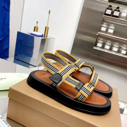 BURBERRY 26S STRAP FLAT SANDALS IN CARAMEL BROWN CALFSKIN AND FABRIC