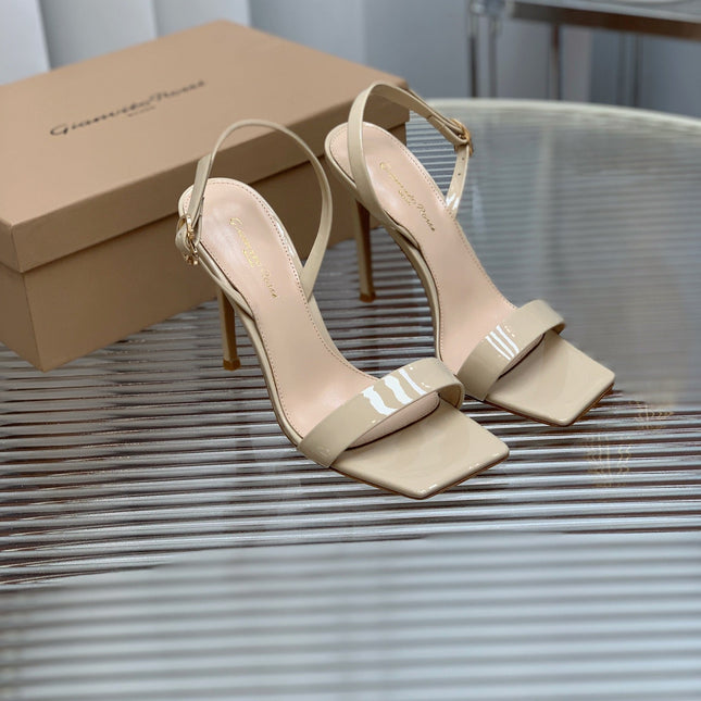 GIANVITO ROSSI 26S RIBBON HEELS 105 MM IN LIGHT BEIGE PATENT LAMBSKIN