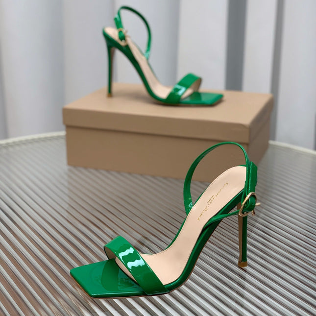 GIANVITO ROSSI 26S RIBBON HEELS 105 MM IN GREEN PATENT LAMBSKIN