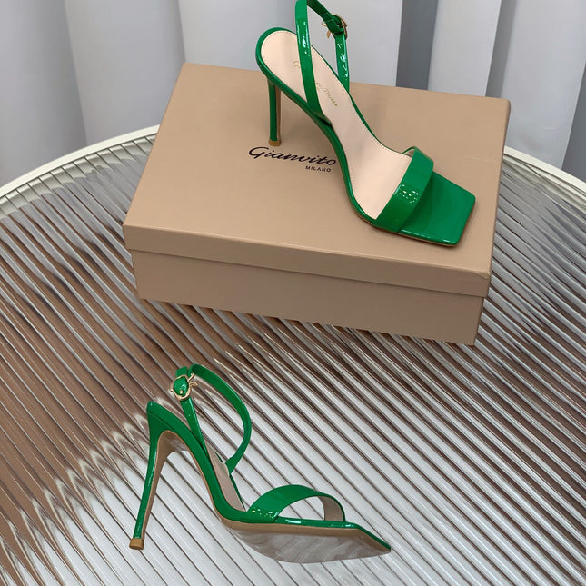 GIANVITO ROSSI 26S RIBBON HEELS 105 MM IN GREEN PATENT LAMBSKIN