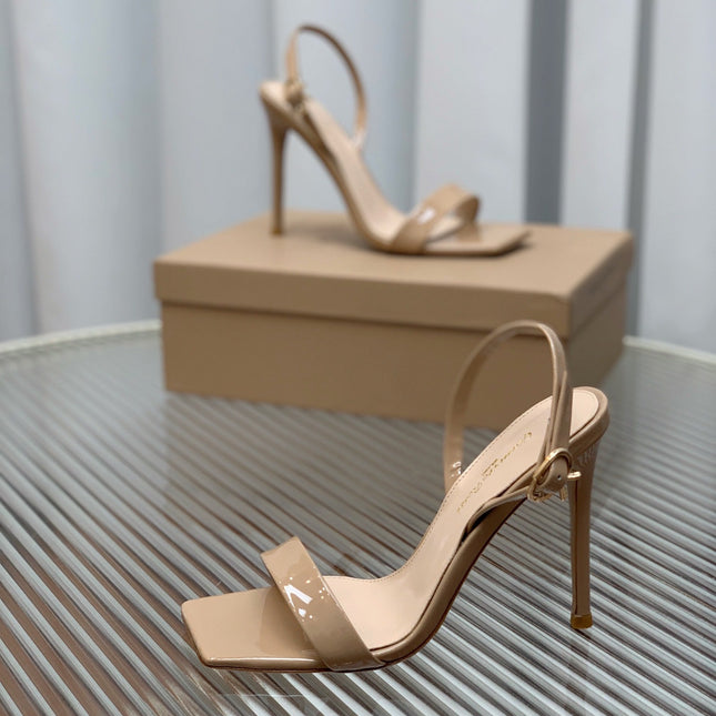 GIANVITO ROSSI 26S RIBBON HEELS 105 MM IN NUDE BEIGE PATENT LAMBSKIN