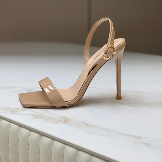 GIANVITO ROSSI 26S RIBBON HEELS 105 MM IN NUDE BEIGE PATENT LAMBSKIN