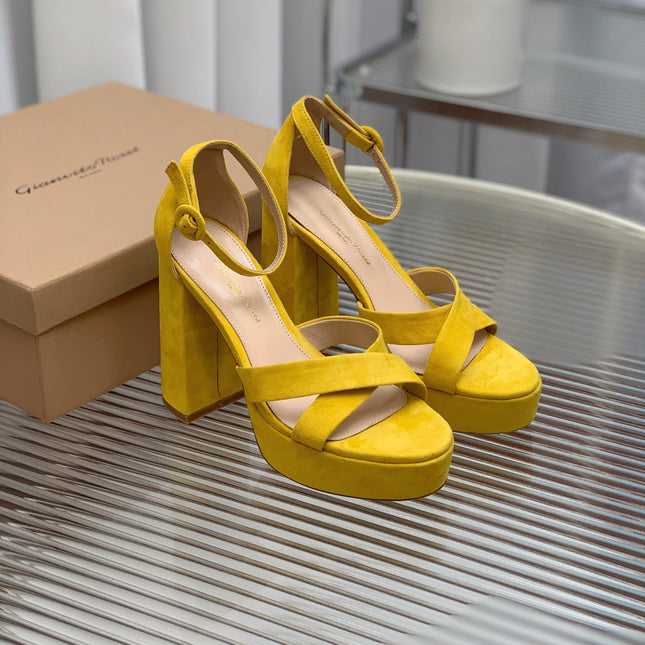 GIANVITO ROSSI 26S PLATFORM SANDALS 115 MM IN YELLOW SUEDE
