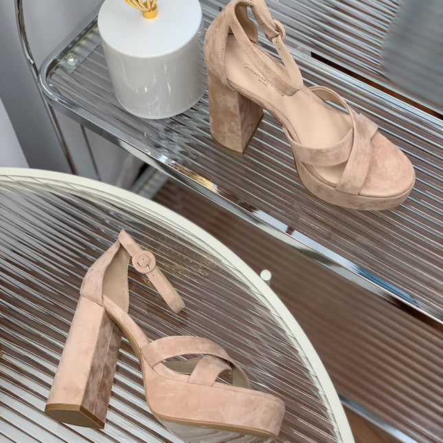 GIANVITO ROSSI 26S PLATFORM SANDALS 115 MM IN BEIGE SUEDE