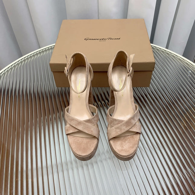 GIANVITO ROSSI 26S PLATFORM SANDALS 115 MM IN BEIGE SUEDE