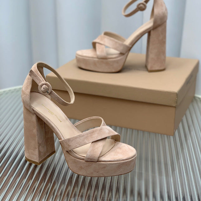 GIANVITO ROSSI 26S PLATFORM SANDALS 115 MM IN BEIGE SUEDE