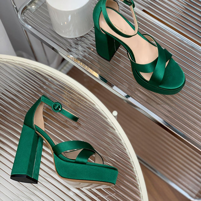 GIANVITO ROSSI 26S PLATFORM SANDALS 115 MM IN DARK GREEN SATIN