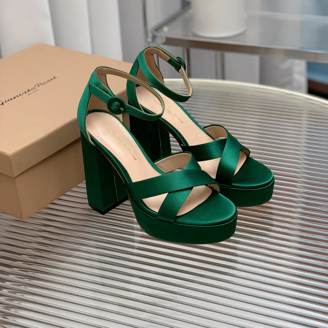 GIANVITO ROSSI 26S PLATFORM SANDALS 115 MM IN DARK GREEN SATIN