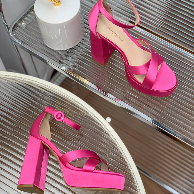 GIANVITO ROSSI 26S PLATFORM SANDALS 115 MM IN PINK SATIN