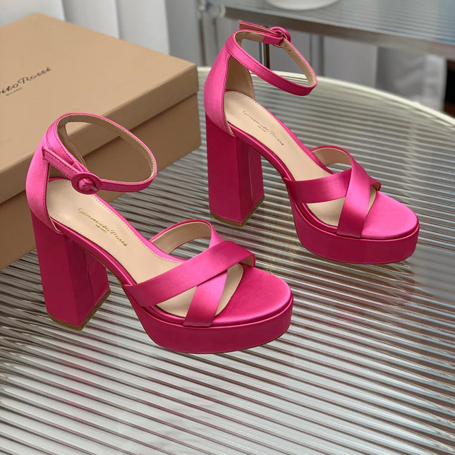 GIANVITO ROSSI 26S PLATFORM SANDALS 115 MM IN PINK SATIN