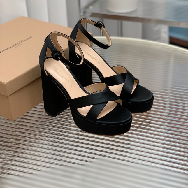GIANVITO ROSSI 26S PLATFORM SANDALS 115 MM IN BLACK SATIN