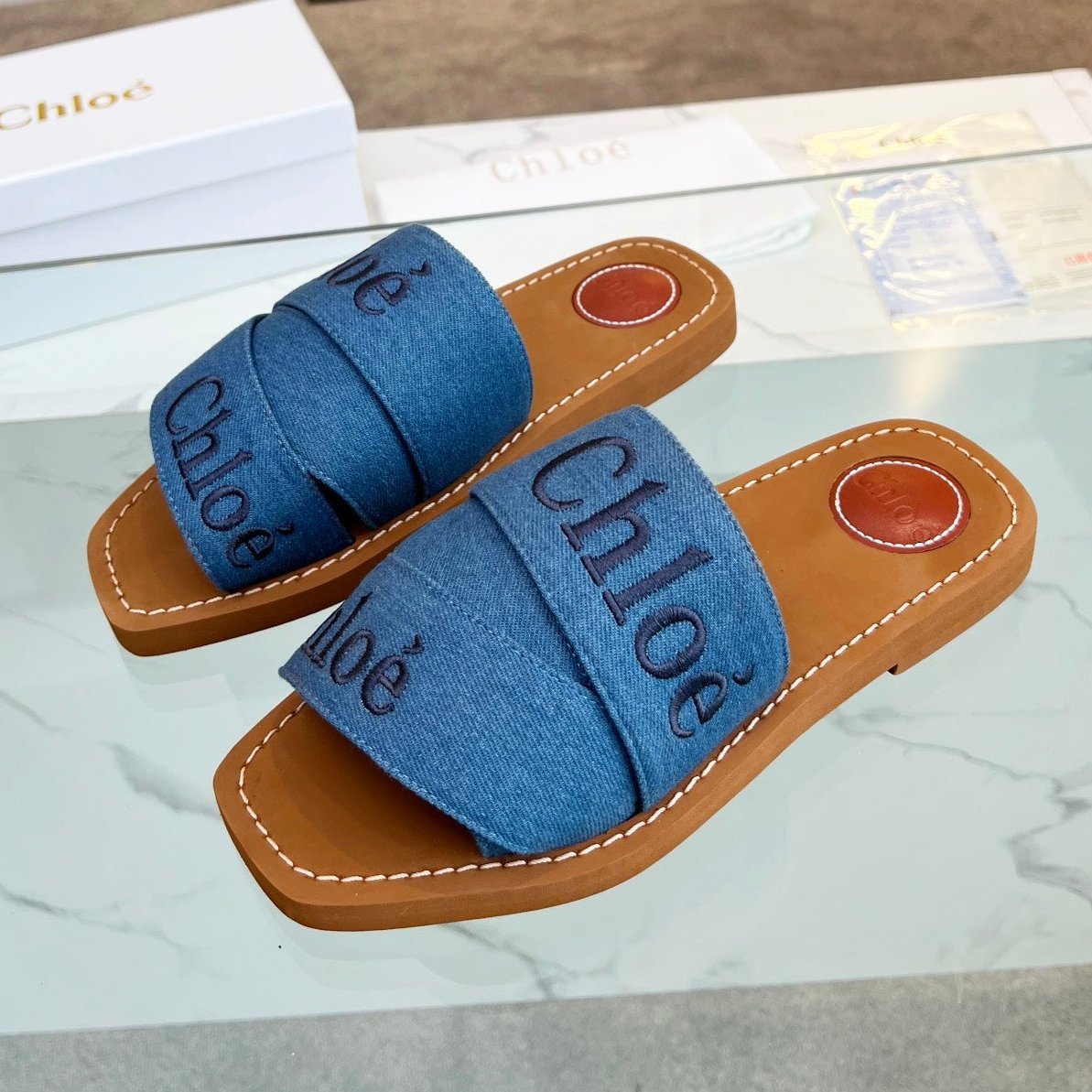 WOODY MULE IN COBALT BLUE DENIM WITH EMBROIDERED LOGO