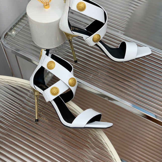 BALMAIN 25S CROSSOVER STRAP HIGH HEELS 95MM IN LIGHT GRAY CALFSKIN